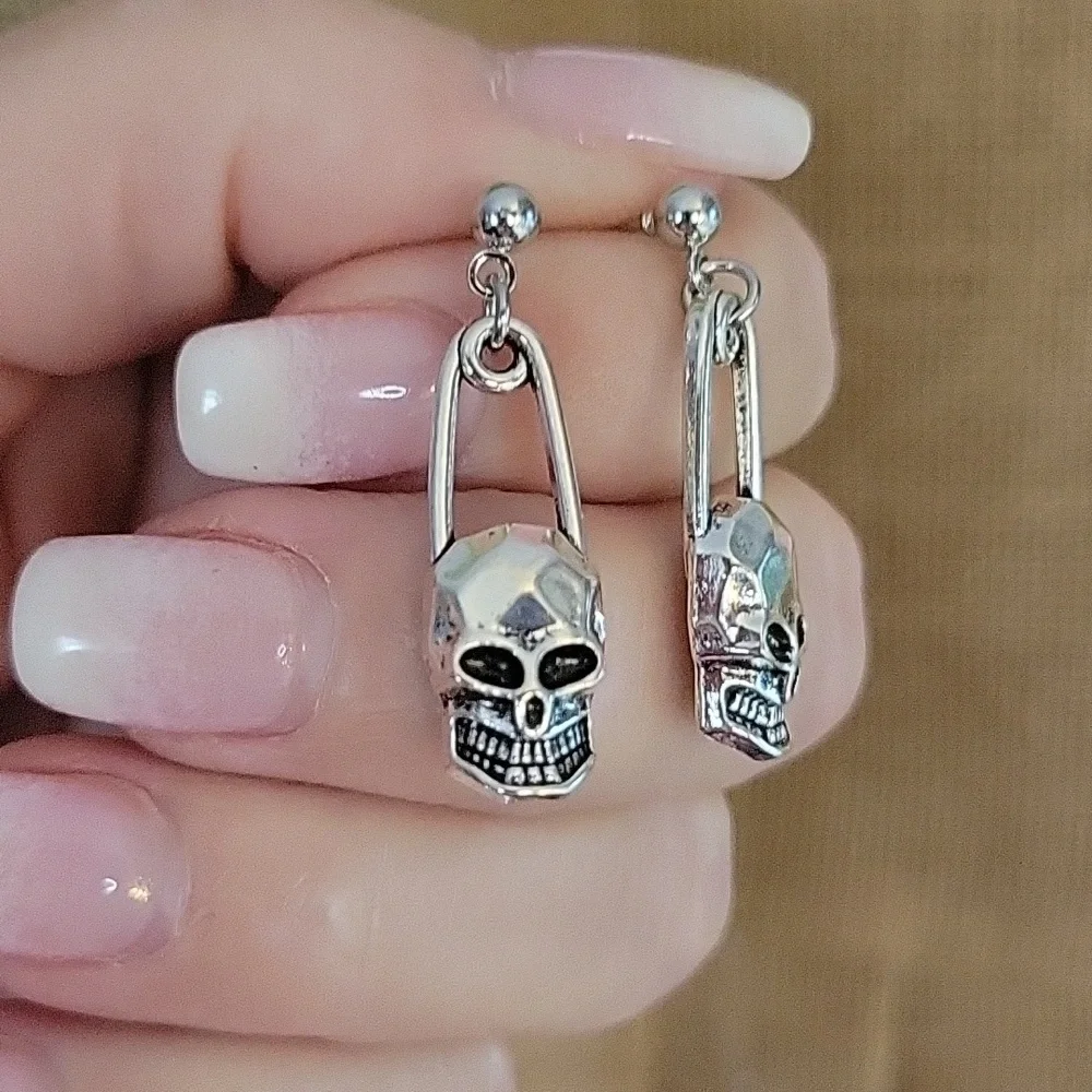 SAFETY PIN SKULL DROP EARRINGS